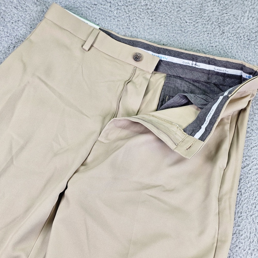 Haggar Cool 18 Pro Dress Pants Mens 34x32 Beige Classic Fit Stretch Wrinkle Free